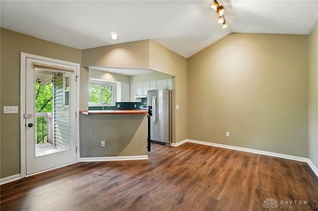 1175 Captains Brg, Dayton, OH 45458 - kitchen featuring stainless steel refrigerator with ice dispenser, dark wood-type flooring, a peninsula, rail lighting, and white cabinets