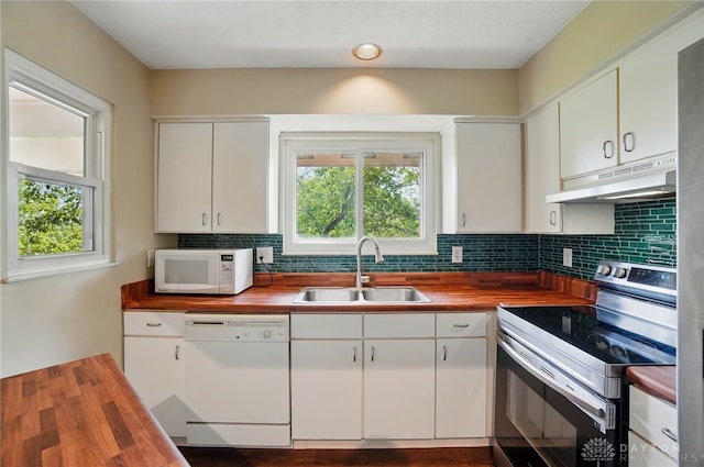 1175 Captains Brg, Dayton, OH 45458 - kitchen with white appliances, butcher block countertops, under cabinet range hood, and a sink