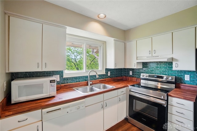 1175 Captains Brg, Dayton, OH 45458 - kitchen with white appliances, butcher block countertops, under cabinet range hood, a sink, and backsplash