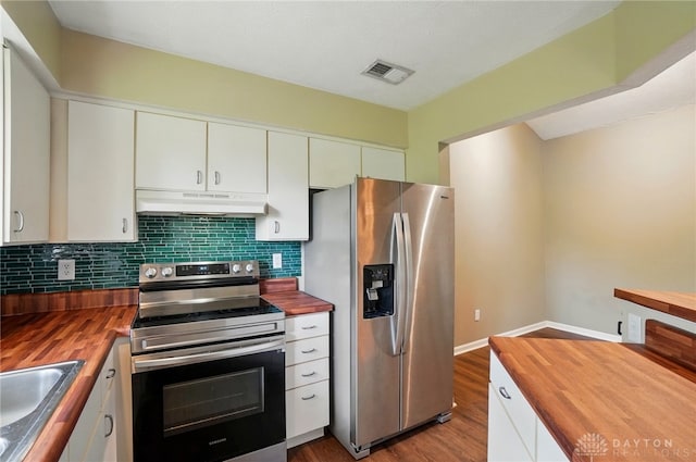 1175 Captains Brg, Dayton, OH 45458 - kitchen with wood counters, stainless steel appliances, under cabinet range hood, a sink, and decorative backsplash