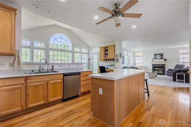 1233 Terrington Way, Miamisburg, OH 45342 - kitchen with stainless steel dishwasher, a sink, a glass covered fireplace, light wood-style floors, and lofted ceiling
