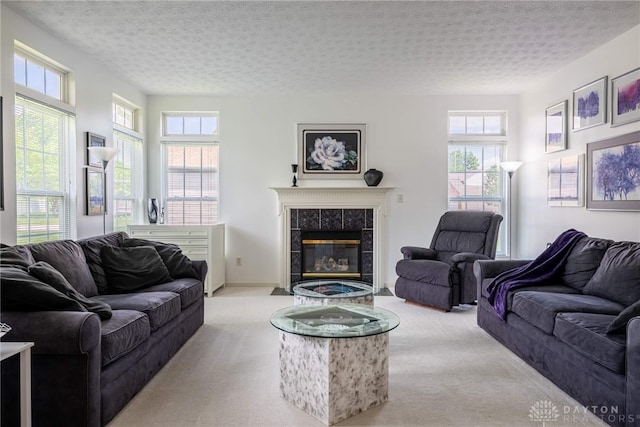 1233 Terrington Way, Miamisburg, OH 45342 - living area with carpet flooring, plenty of natural light, a fireplace, and a textured ceiling