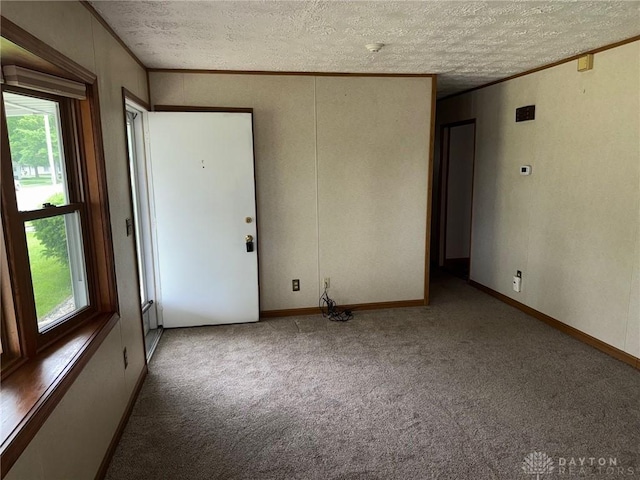 409 Skyview Dr, Vandalia, OH 45377 - spare room featuring ornamental molding, a textured ceiling, carpet, baseboards, and a smoke detector
