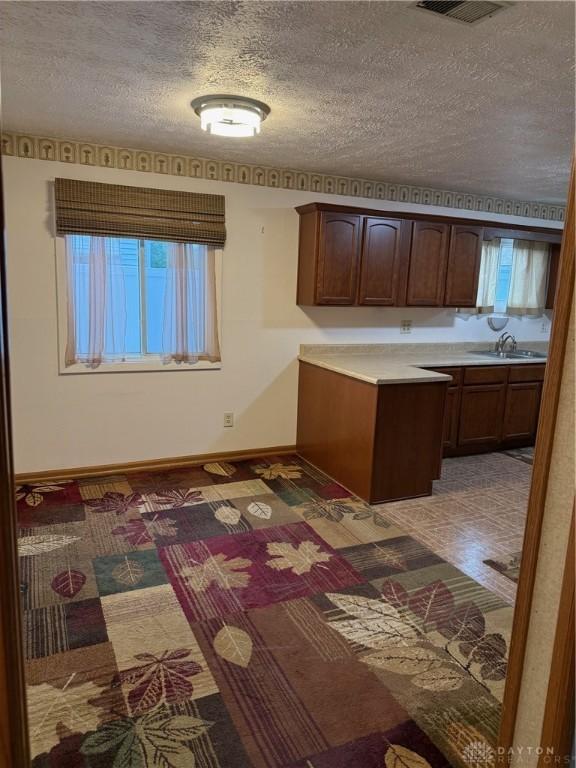 409 Skyview Dr, Vandalia, OH 45377 - kitchen featuring a textured ceiling, light countertops, a sink, and baseboards