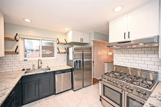 1525 Forrer Blvd, Kettering, OH 45420 - kitchen featuring stainless steel appliances, under cabinet range hood, open shelves, a sink, and white cabinetry