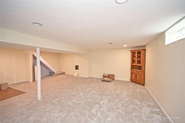 1525 Forrer Blvd, Kettering, OH 45420 - below grade area featuring carpet, recessed lighting, baseboards, and stairs