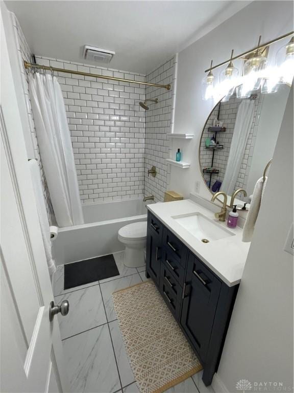 3227 Mirimar St, Dayton, OH 45409 - full bath with vanity, shower / bath combination with curtain, toilet, and marble look tile flooring