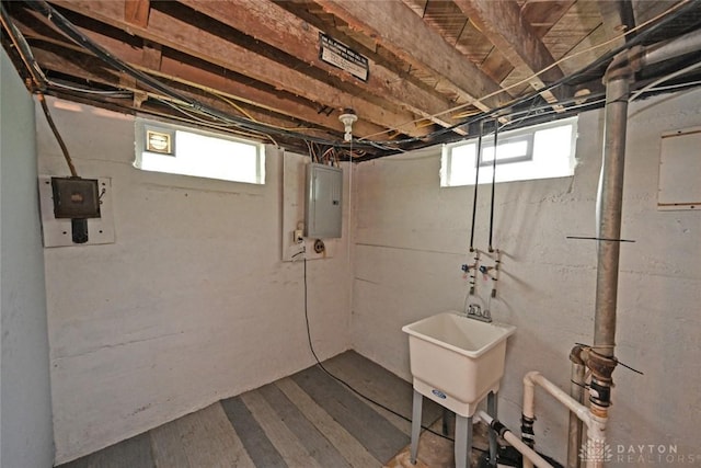 932 Crestmore Ave, Dayton, OH 45402 - basement with electric panel, dark wood-style flooring, and a sink