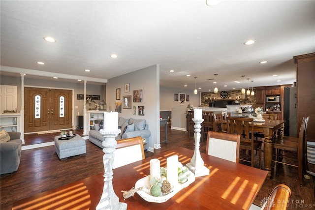 2155 Shenandoah Dr, Troy, OH 45373 - dining room with recessed lighting, dark wood-style flooring, and baseboards