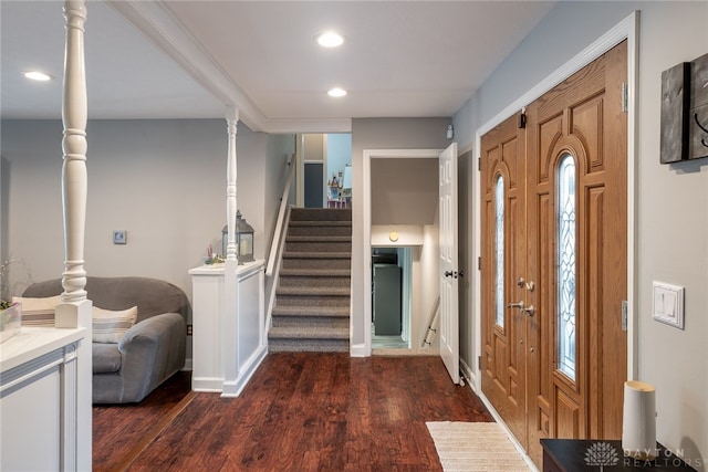 2155 Shenandoah Dr, Troy, OH 45373 - entryway featuring dark wood-type flooring, recessed lighting, stairs, and baseboards