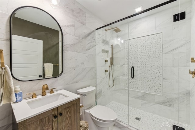 3886 Hudson Hills Ln, Mason, OH 45040 - bathroom featuring toilet, vanity, a shower stall, and tile walls