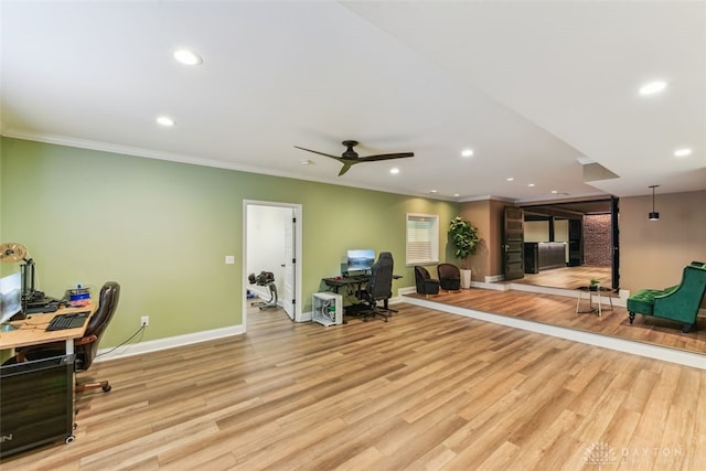 3886 Hudson Hills Ln, Mason, OH 45040 - home office with crown molding, baseboards, wood finished floors, recessed lighting, and ceiling fan
