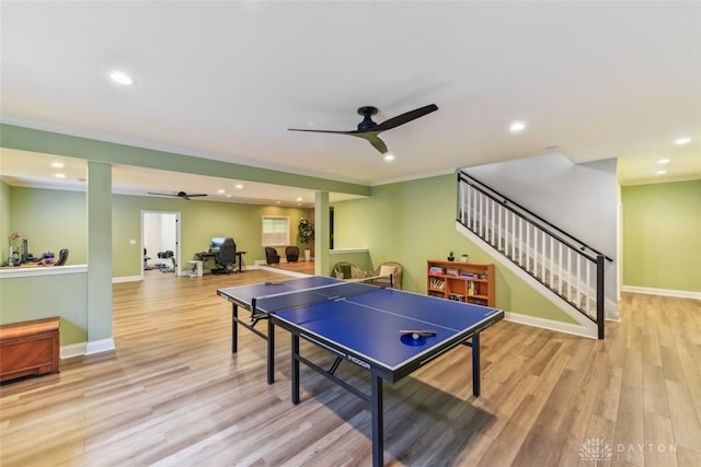 3886 Hudson Hills Ln, Mason, OH 45040 - playroom with a ceiling fan, wood finished floors, recessed lighting, baseboards, and crown molding