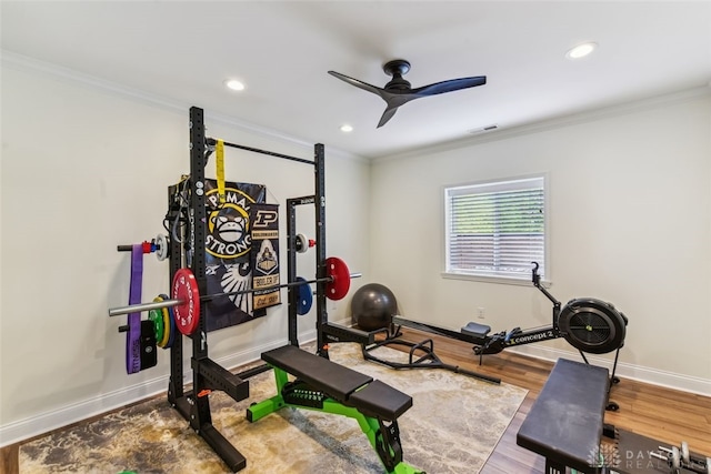 3886 Hudson Hills Ln, Mason, OH 45040 - exercise room featuring crown molding, recessed lighting, ceiling fan, wood finished floors, and baseboards