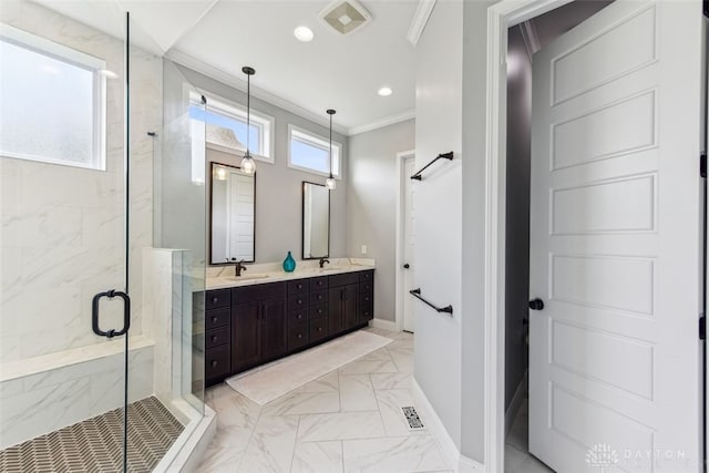 3886 Hudson Hills Ln, Mason, OH 45040 - bathroom with marble look tile flooring, double vanity, a marble finish shower, ornamental molding, and baseboards