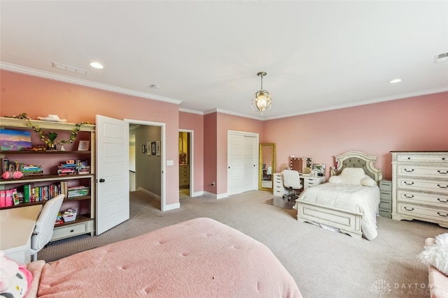 3886 Hudson Hills Ln, Mason, OH 45040 - bedroom featuring carpet, ornamental molding, baseboards, and recessed lighting