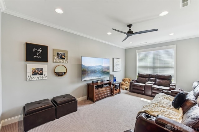 3886 Hudson Hills Ln, Mason, OH 45040 - carpeted living area featuring a ceiling fan, ornamental molding, baseboards, and recessed lighting
