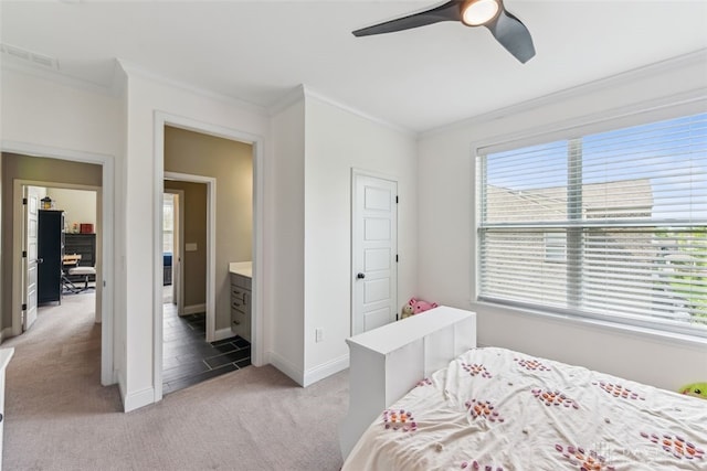 3886 Hudson Hills Ln, Mason, OH 45040 - bedroom featuring light carpet, ornamental molding, baseboards, and a ceiling fan