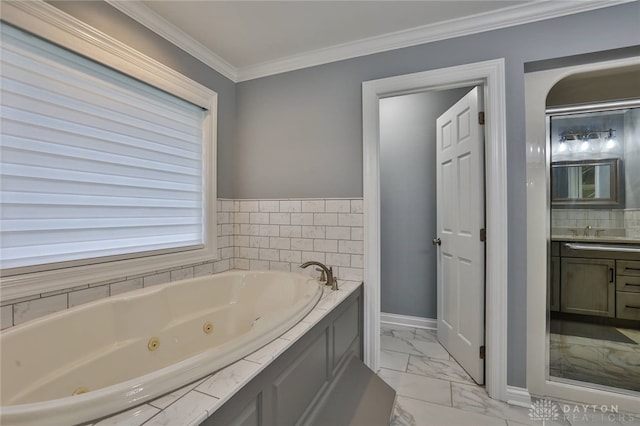 3085 State Route 122, Springboro, OH 45005 - full bath with marble look tile flooring, a tub with jets, vanity, baseboards, and crown molding