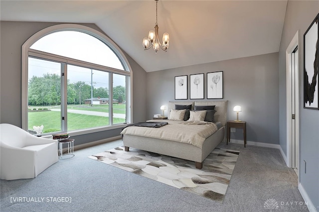 3085 State Route 122, Springboro, OH 45005 - carpeted bedroom featuring a chandelier, baseboards, and high vaulted ceiling