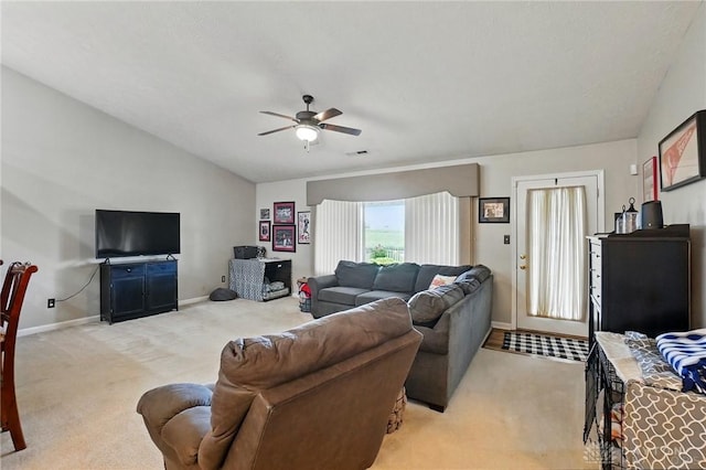 1248 Kern Dr, Germantown, OH 45327 - living area with light carpet, a ceiling fan, baseboards, and lofted ceiling