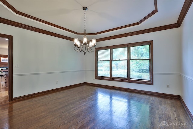 7299 Country Club Ln, West Chester, OH 45069 - unfurnished room with a chandelier, a raised ceiling, dark wood-style floors, baseboards, and crown molding