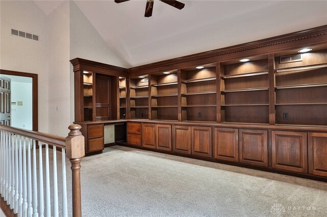 7299 Country Club Ln, West Chester, OH 45069 - unfurnished office with light colored carpet, ceiling fan, built in desk, and high vaulted ceiling