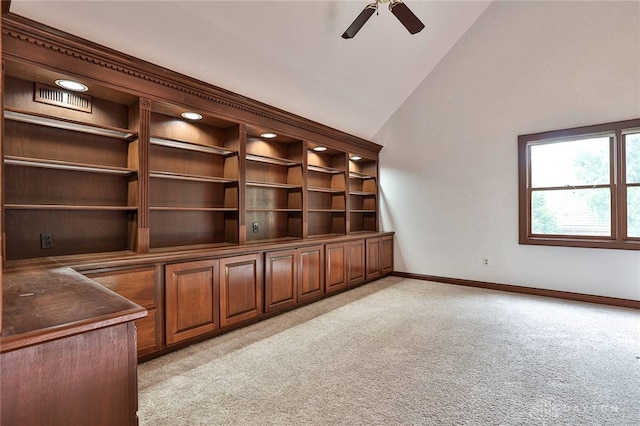 7299 Country Club Ln, West Chester, OH 45069 - unfurnished office with light carpet, ceiling fan, baseboards, and high vaulted ceiling