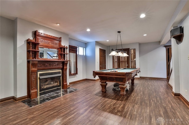 7299 Country Club Ln, West Chester, OH 45069 - rec room with wood finished floors, baseboards, recessed lighting, a tile fireplace, and billiards table