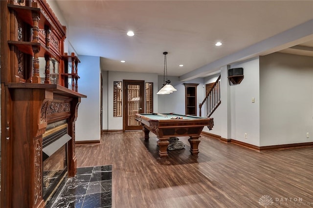 7299 Country Club Ln, West Chester, OH 45069 - playroom with baseboards, billiards table, recessed lighting, a fireplace, and wood finished floors