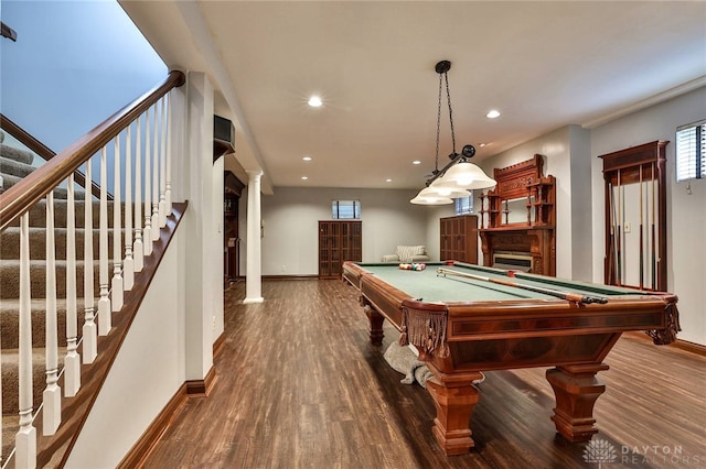 7299 Country Club Ln, West Chester, OH 45069 - game room featuring baseboards, wood finished floors, billiards, healthy amount of natural light, and recessed lighting
