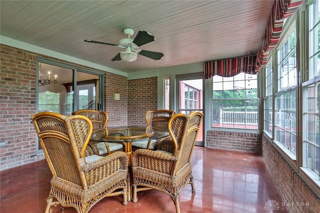 7299 Country Club Ln, West Chester, OH 45069 - sunroom / solarium featuring brick wall, ceiling fan, outdoor dining space, and wooden ceiling