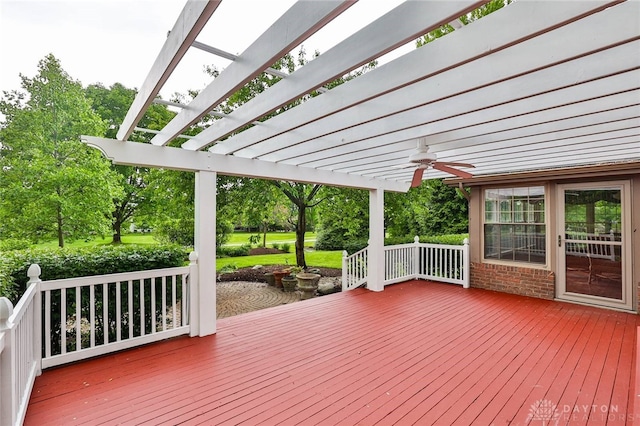 7299 Country Club Ln, West Chester, OH 45069 - wooden deck with a pergola, a ceiling fan, and view of scattered trees