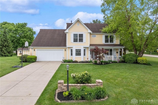 2866 Fence Stone Ct, Dayton, OH 45458 - traditional home featuring covered porch, an attached garage, a front lawn, driveway, and a chimney