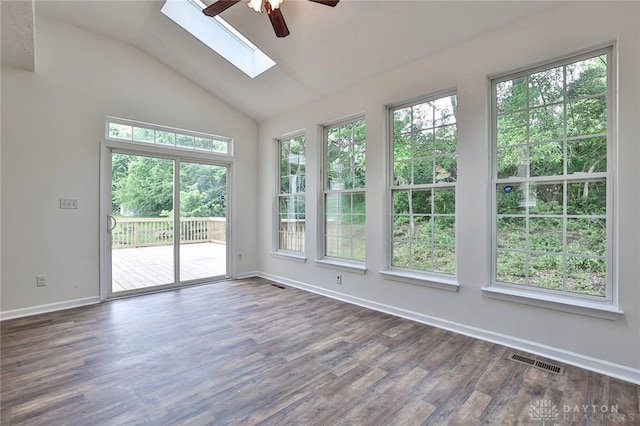 510 Delaware Xing, Trenton, OH 45067 - unfurnished room featuring ceiling fan, a skylight, lofted ceiling, baseboards, and wood finished floors