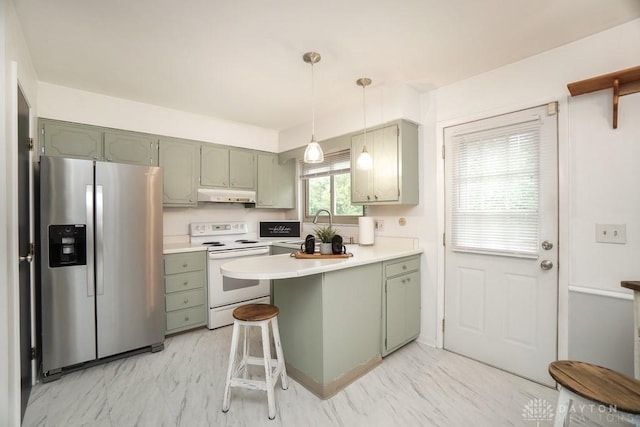 720 Boylston St, Middletown, OH 45044 - kitchen with white electric range oven, stainless steel fridge, under cabinet range hood, and green cabinetry