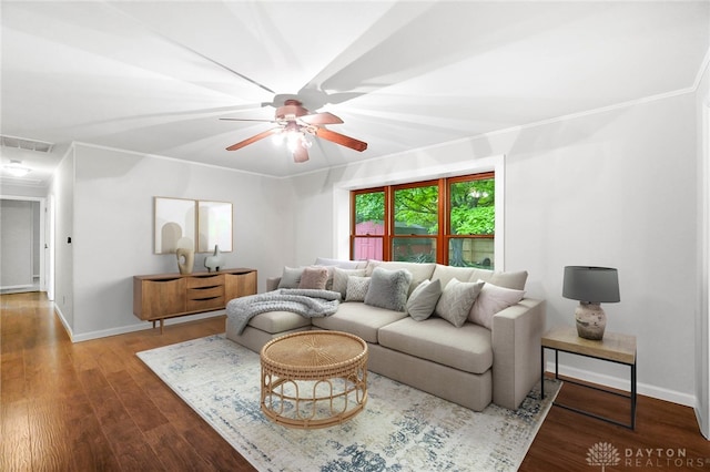 2765 Hemphill Rd, Kettering, OH 45440 - living room featuring a ceiling fan, baseboards, wood finished floors, and ornamental molding