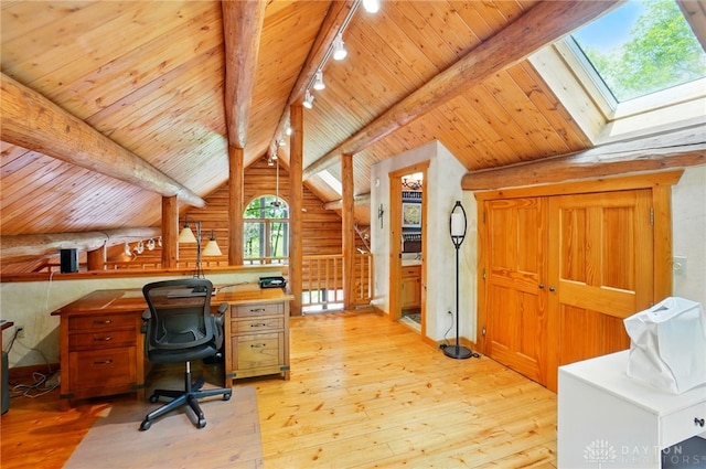 508 E Lower Springboro Rd, Clearcreek Twp, OH 45066 - home office featuring track lighting, light wood finished floors, wood ceiling, log walls, and a skylight