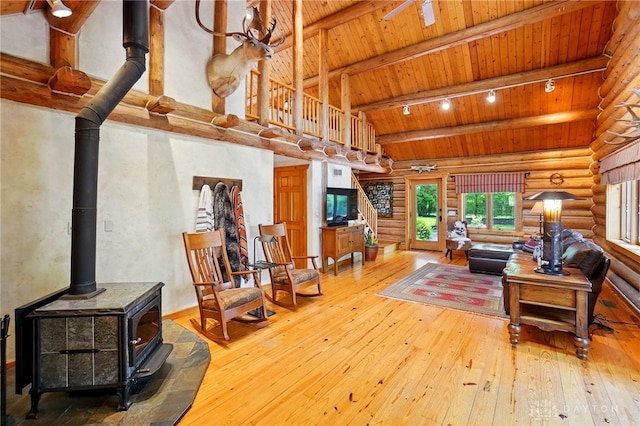 508 E Lower Springboro Rd, Clearcreek Twp, OH 45066 - living area with wood ceiling with exposed beams, a wood stove, log walls, hardwood / wood-style flooring, and rail lighting