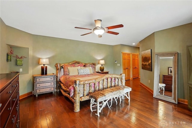 508 E Lower Springboro Rd, Clearcreek Twp, OH 45066 - bedroom featuring dark wood-style flooring, baseboards, and ceiling fan