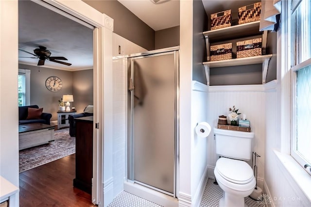 206 Wright Ave, Lebanon, OH 45036 - ensuite bathroom with a ceiling fan, a shower stall, wood finished floors, and toilet