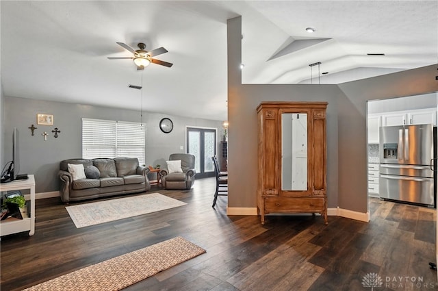 432 Applegate Rd, Englewood, OH 45322 - living area with ceiling fan, baseboards, dark wood finished floors, and lofted ceiling