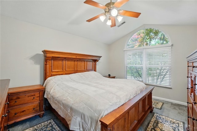 432 Applegate Rd, Englewood, OH 45322 - bedroom featuring vaulted ceiling, multiple windows, dark carpet, baseboards, and a ceiling fan