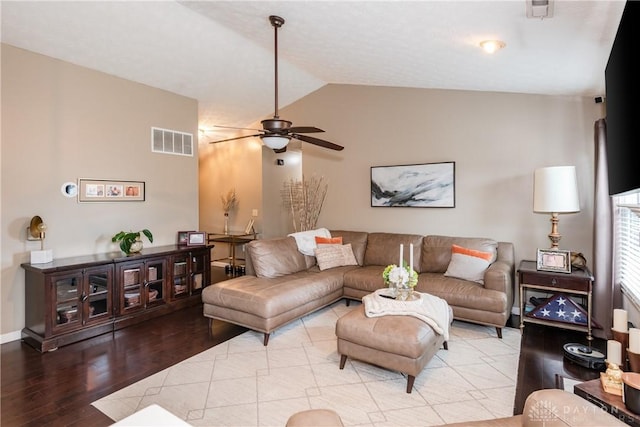 3008 Clearstream Way, Clayton, OH 45315 - living area featuring ceiling fan, wood finished floors, and vaulted ceiling