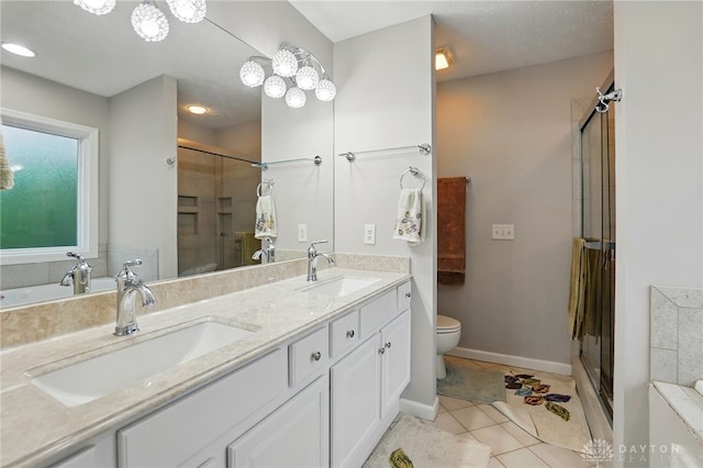 3835 Polo Trace Ct, Bellbrook, OH 45305 - bathroom featuring a shower stall, double vanity, tile patterned floors, toilet, and a bath