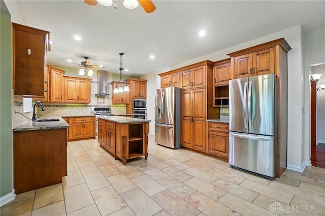 220 Fivepines Ct, Englewood, OH 45315 - kitchen featuring stainless steel appliances, open shelves, a ceiling fan, wall chimney exhaust hood, and recessed lighting