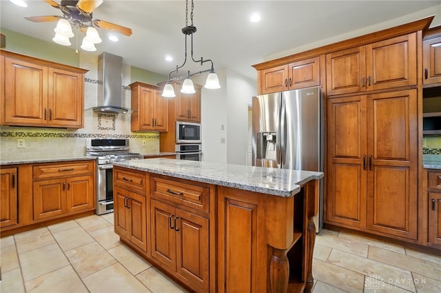 220 Fivepines Ct, Englewood, OH 45315 - kitchen featuring wall chimney exhaust hood, stainless steel appliances, brown cabinets, open shelves, and tasteful backsplash