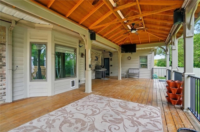 220 Fivepines Ct, Englewood, OH 45315 - wooden deck with grilling area and ceiling fan