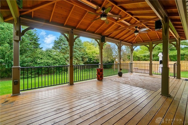 220 Fivepines Ct, Englewood, OH 45315 - wooden deck featuring ceiling fan, a gazebo, and a yard