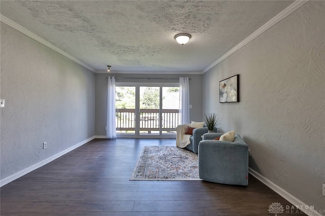 5695 E Coach Dr Unit E, Kettering, OH 45440 - living area with a textured wall, a textured ceiling, wood finished floors, baseboards, and crown molding